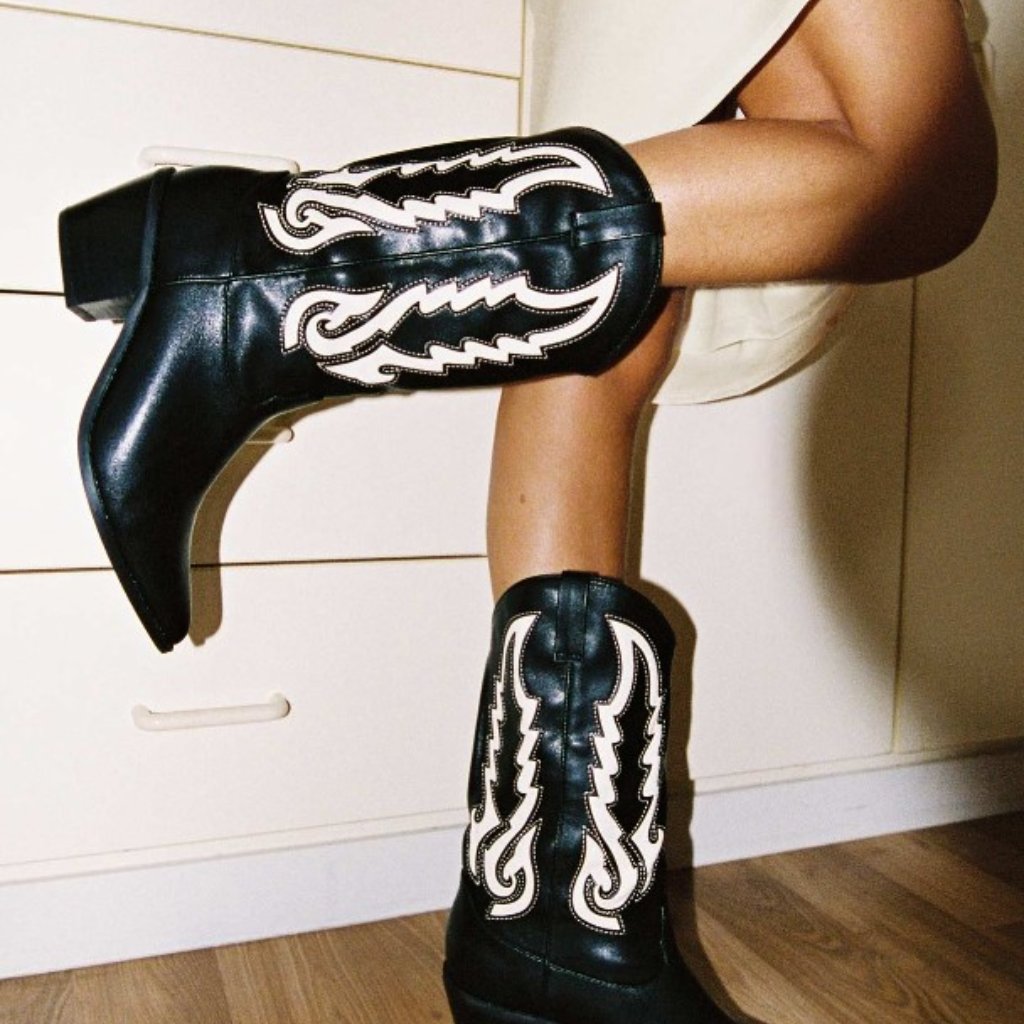Billini Black Western Embroidered Mid-Calf Boots With Cream Inlay